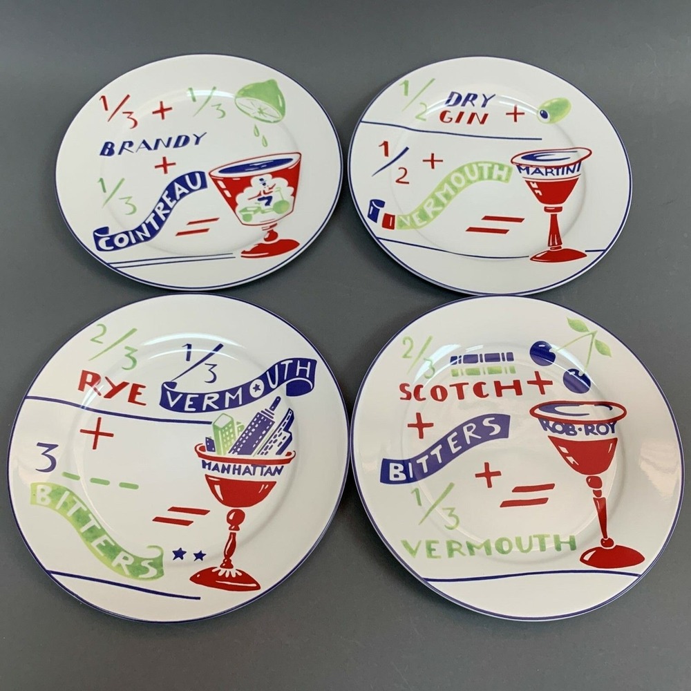 Rosanna‎ Dessert Appetizer Plates Recipes Drinks Rye Scotch Brandy Gin Lot of 4